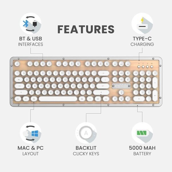 Azio Retro Classic Maple Wireless Wired Backlit Mechanical Keyboard