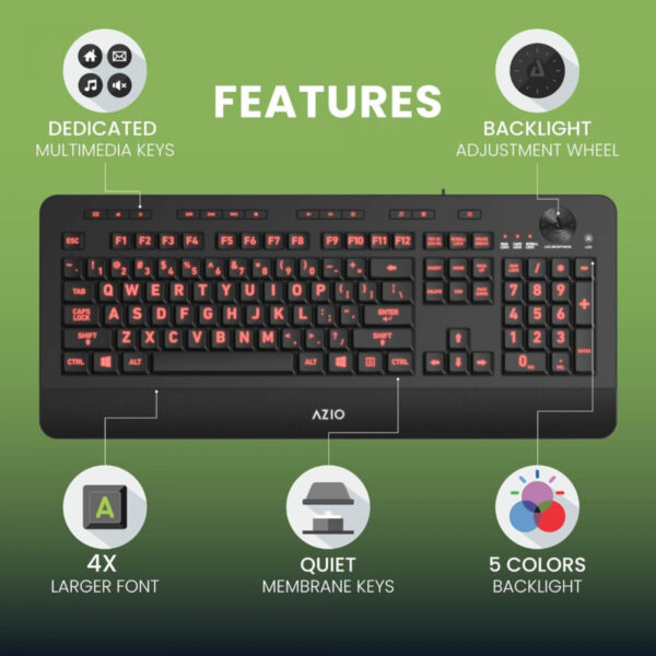 Azio KB506 Vision Backlit USB Keyboard with Large Print key 5 RGB Mode - Gambar 2